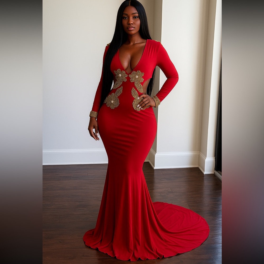 Kaftan Citra long sleeve cut out red gown
